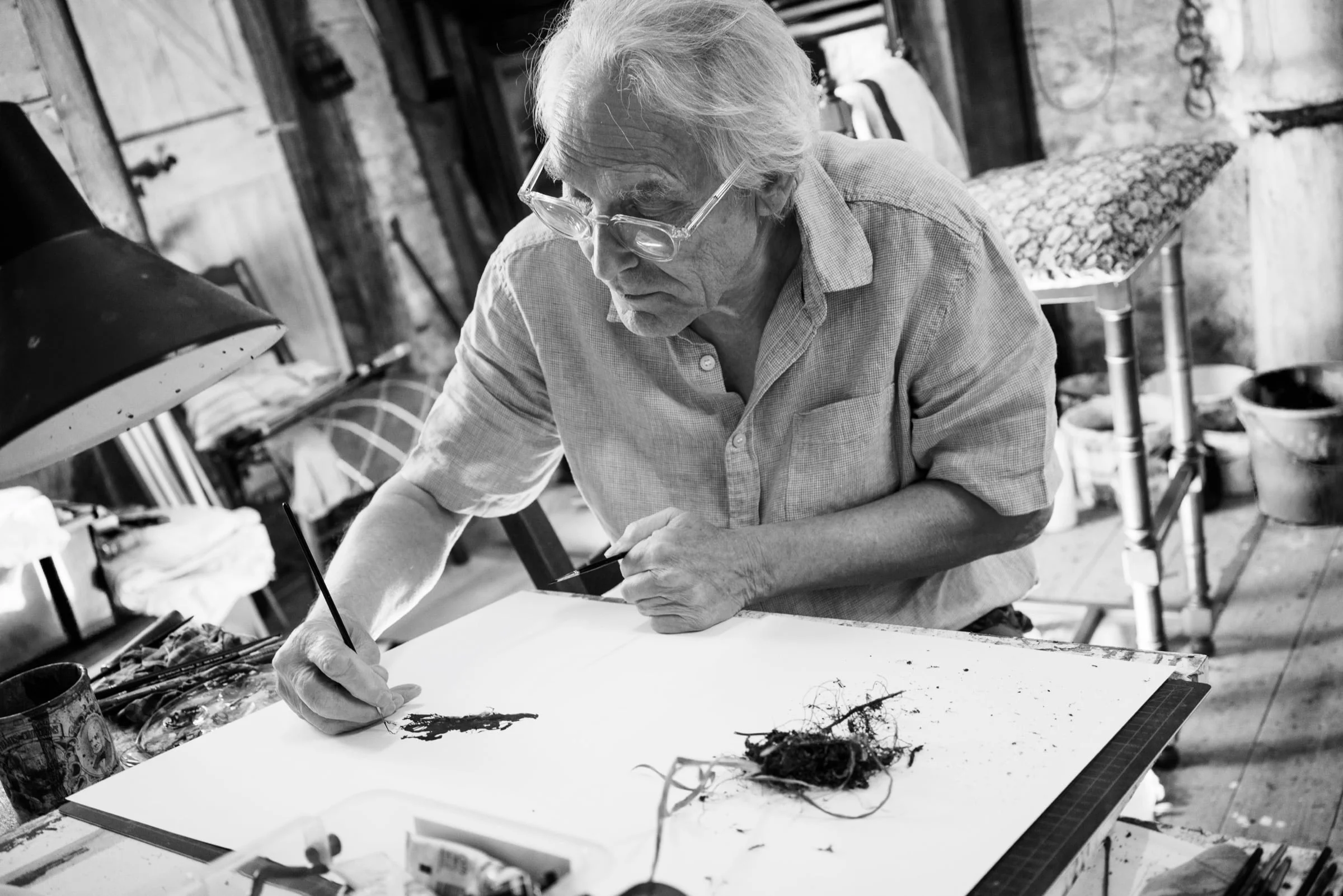 Photo of Michael Porter, Artist, working in his Studio (Black and White)